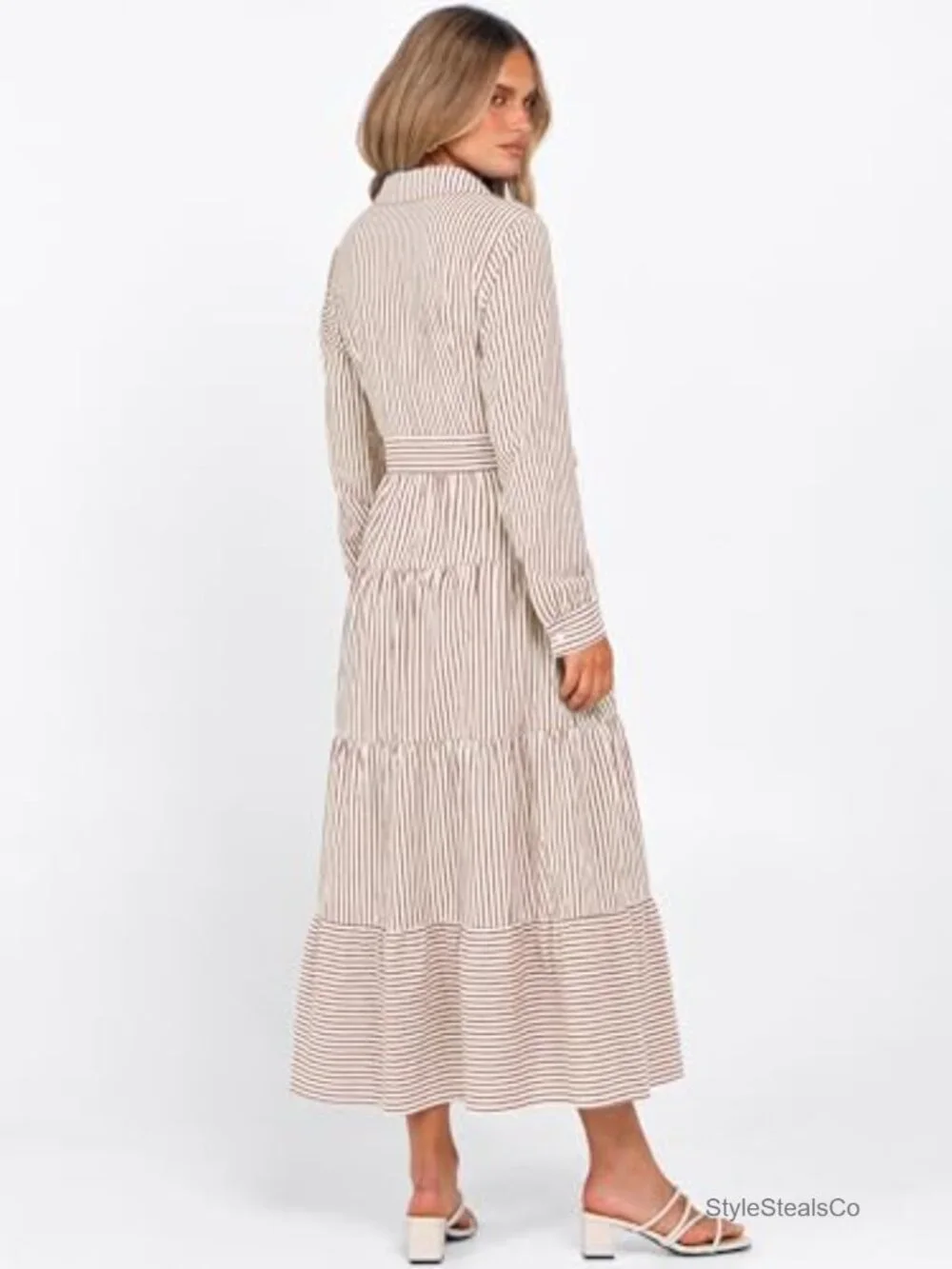Long Sleeve Striped Flowy Maxi Dress Button Down Ruffle Hem Tie Waist Shirt - Picture 4 of 6